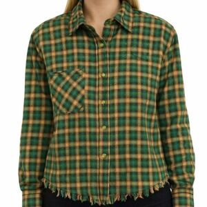 BDG Urban Outfitters Green Plaid Flannel Shacket S Oversized Frayed Hem Grunge‎